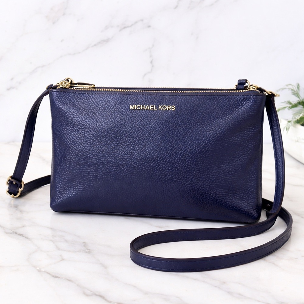 Michael Kors Navy Leather Double Zip Crossbody Bag